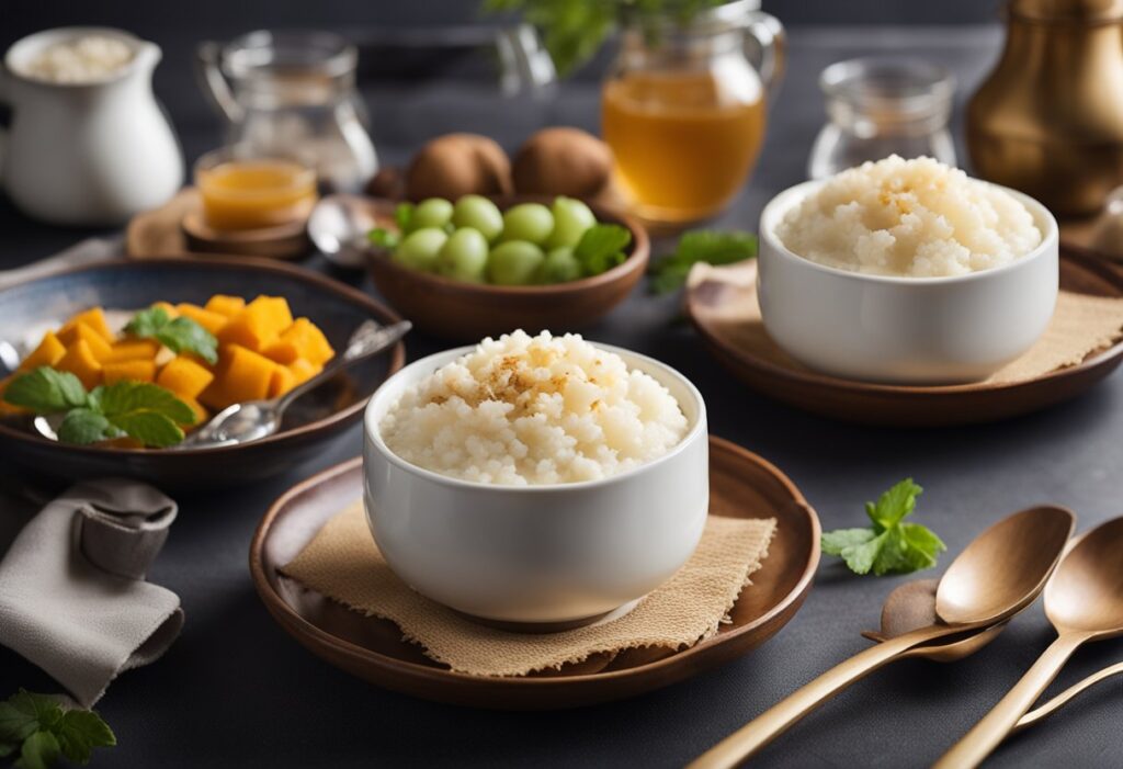 Uma mesa posta com uma panela fumegante de arroz doce cremoso, rodeada de elementos decorativos e utensílios de servir