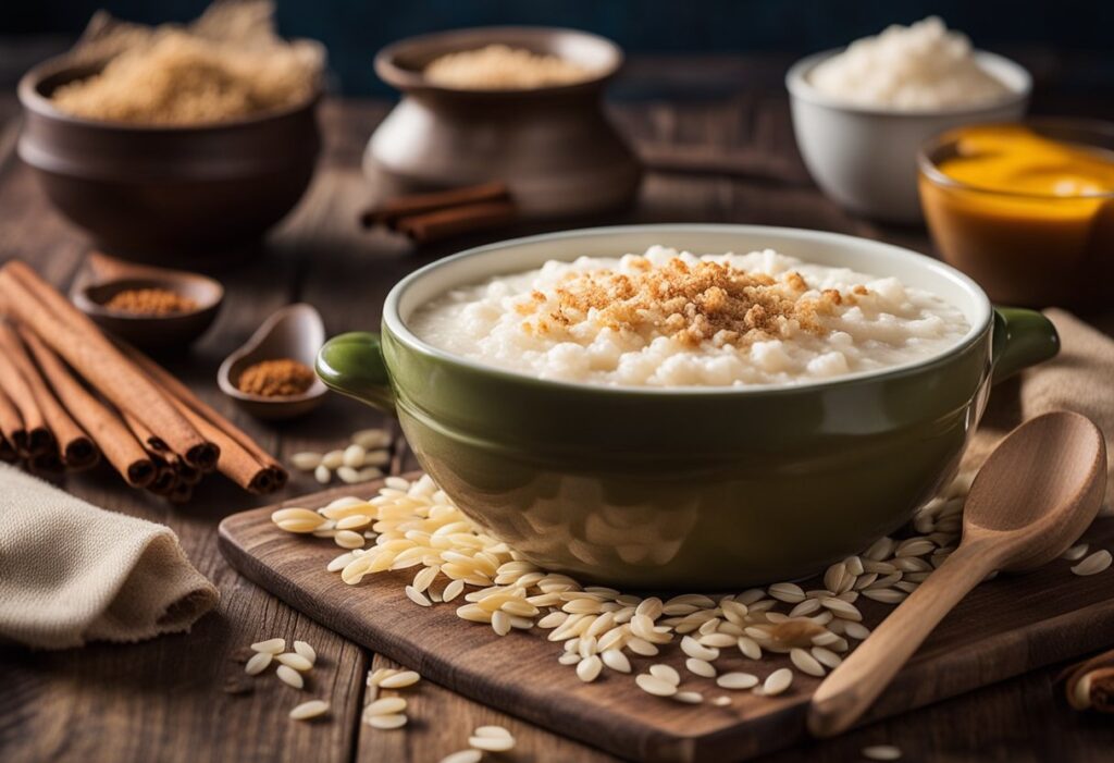 Uma panela de arroz doce cremoso fica sobre uma mesa de madeira, cercada por ingredientes como leite, açúcar e canela. Está aberto um livro de receitas na página "Conservação e Armazenamento a melhor receita de arroz doce crem