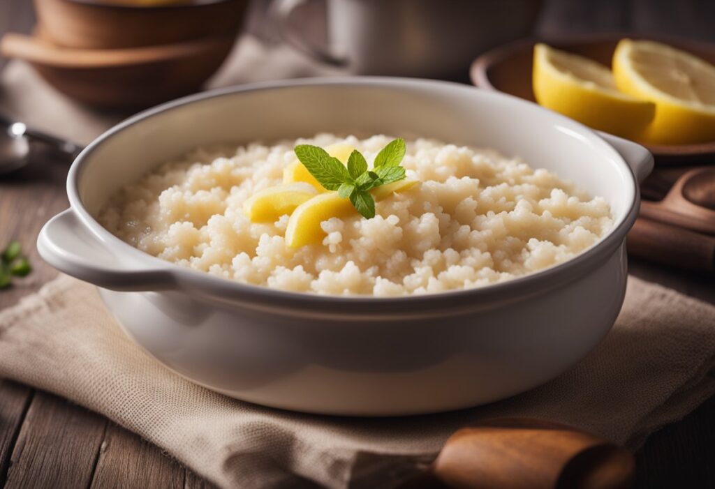 Uma panela de arroz doce cremoso fervendo no fogão, com vapor subindo, com um toque de canela e raspas de limão em uma colher de pau