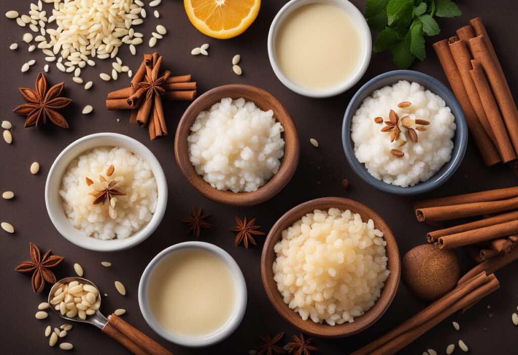 Uma mesa com os principais ingredientes do arroz doce cremoso. Açúcar, leite, arroz e canela arrumados ordenadamente