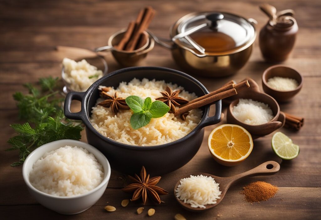 Uma panela fervendo com arroz cremoso, infundido com canela e baunilha, rodeado de ingredientes espalhados e uma colher de pau