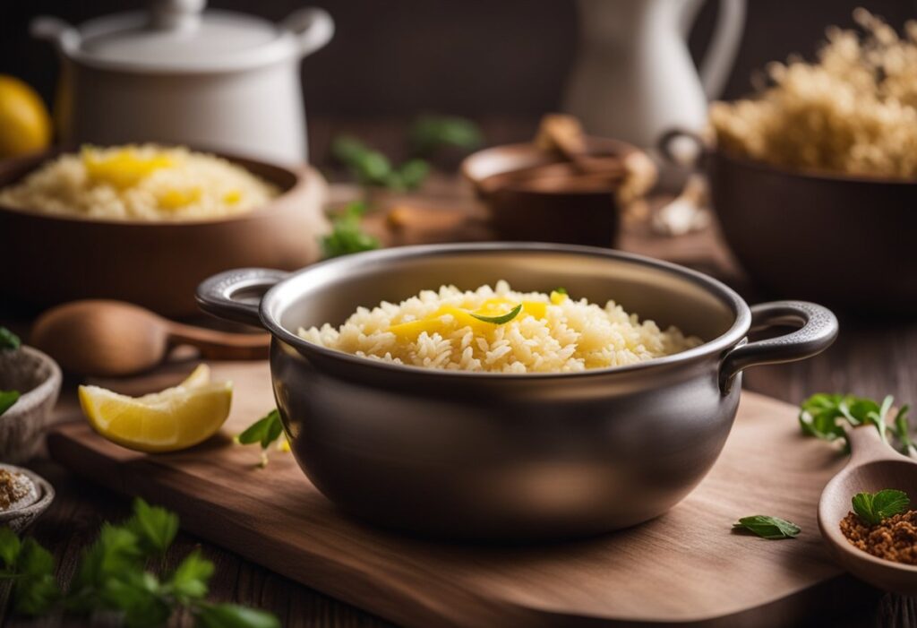 Uma panela fervendo com arroz cremoso, infundido com canela e raspas de limão, criando a textura perfeita para um delicioso arroz doce