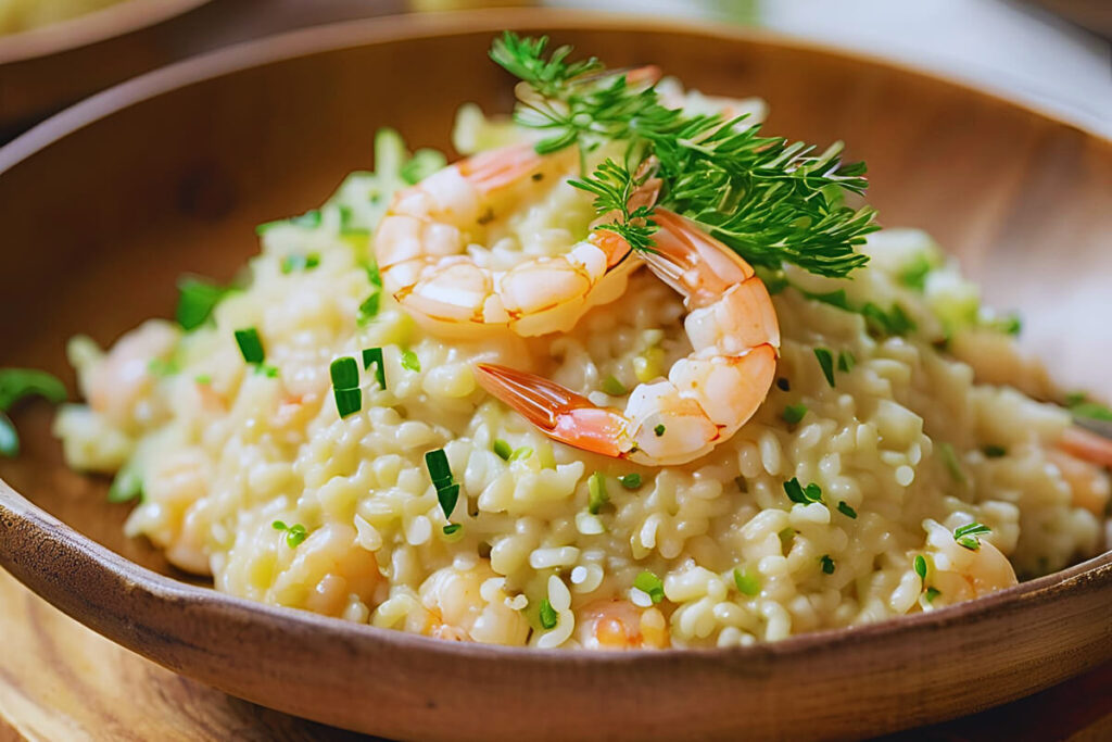 risoto de camarao com alho poro