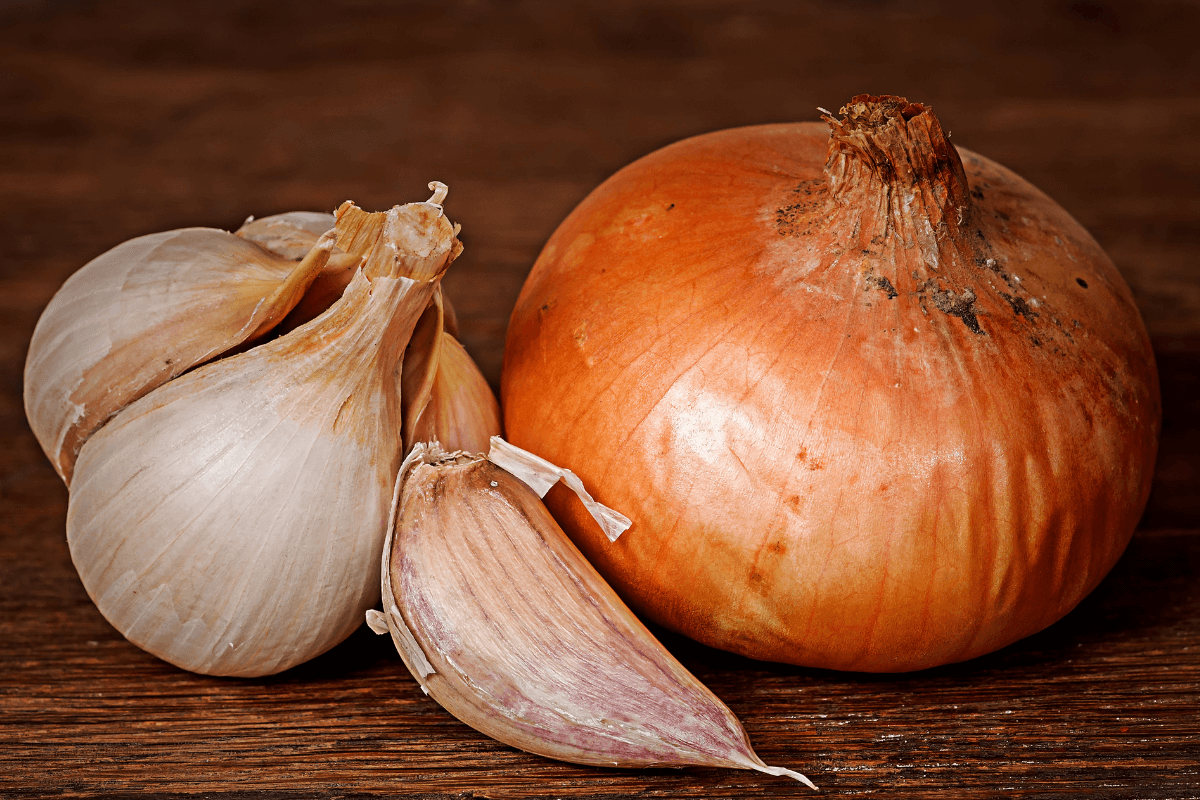 Cabeça de alho e cebola inteira sobre madeira, ingredientes extras comuns para temperar arroz na panela elétrica.