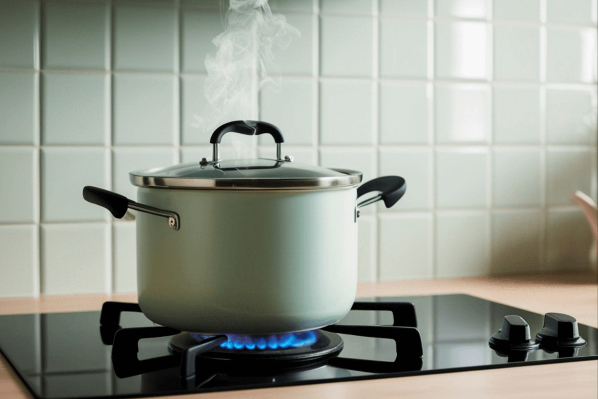 Gás de cozinha vs panela elétrica: Qual gasta mais? Panela no fogão com chama azul acesa ilustrando o comparativo de consumo entre gás de cozinha ou eletricidade.