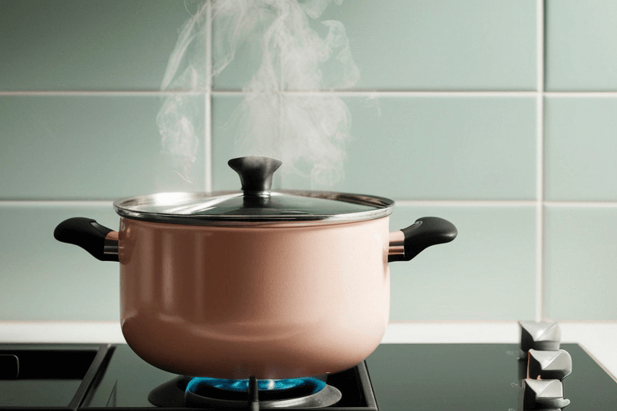 Panela de cerâmica rosa com tampa de vidro no fogão a gás soltando vapor intenso, demonstrando a alta retenção de calor e o cozimento uniforme do material 100% cerâmica.