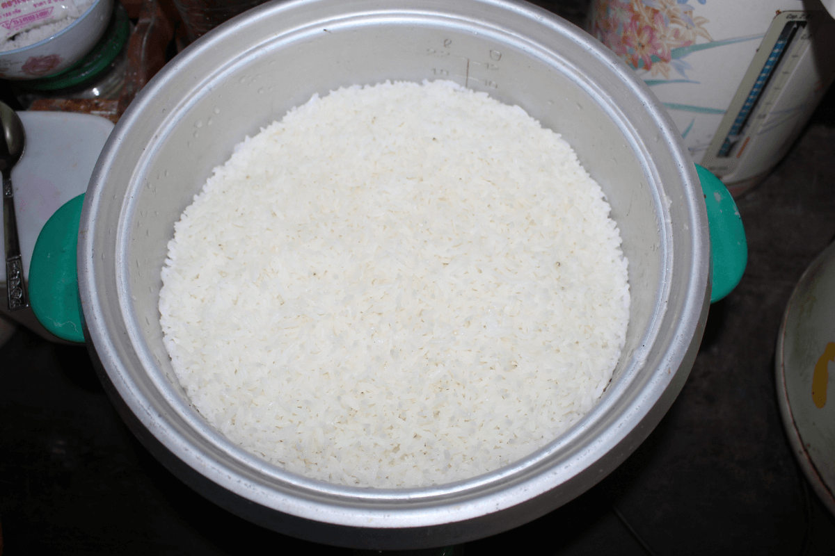 Panela elétrica com arroz cozido, ilustrando a eficiência energética do aparelho em comparação ao uso para apenas ferver água.