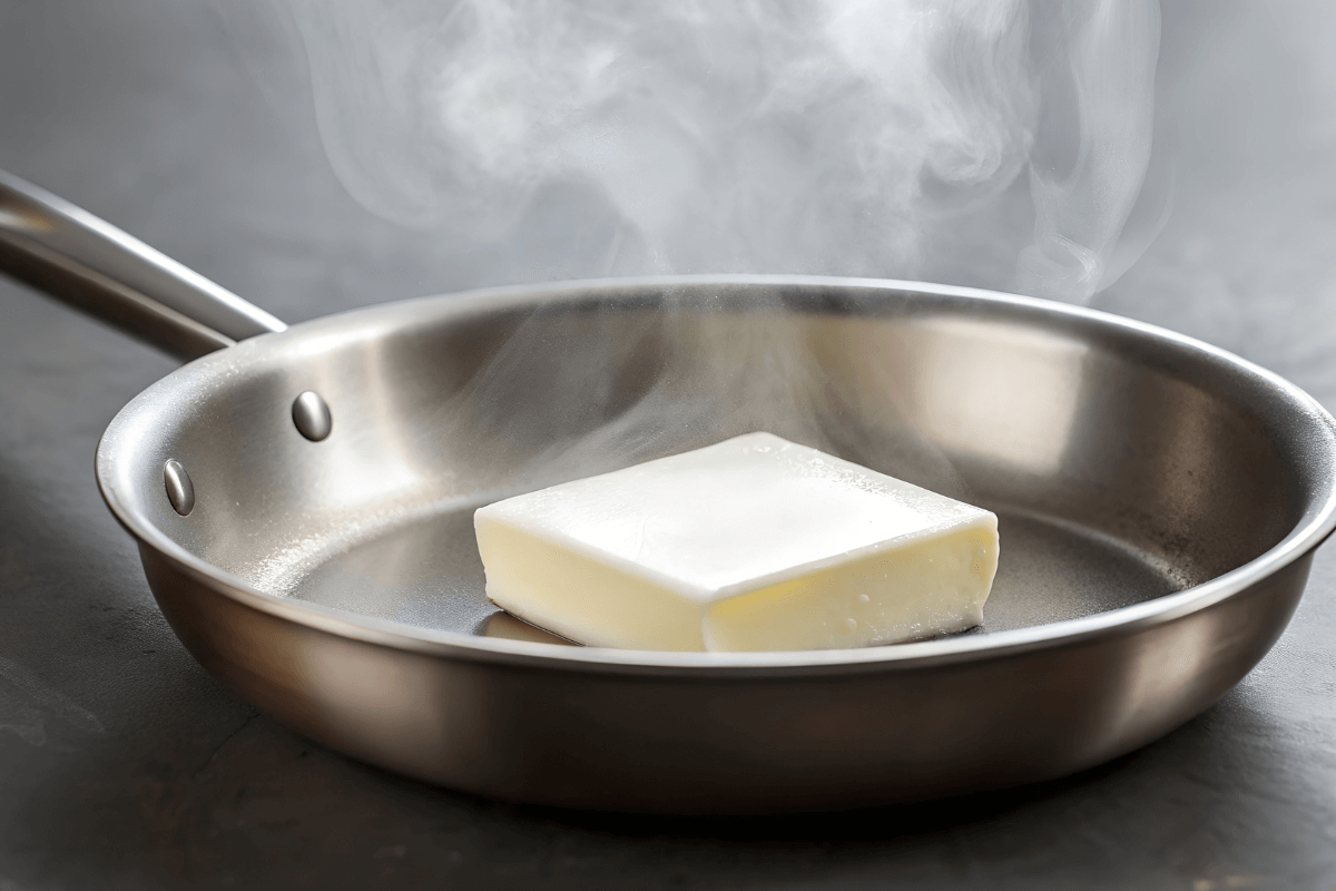 Frigideira de aço inoxidável quente com um bloco de gordura derretendo e soltando fumaça leve, demonstrando o controle térmico necessário para evitar que a comida grude.