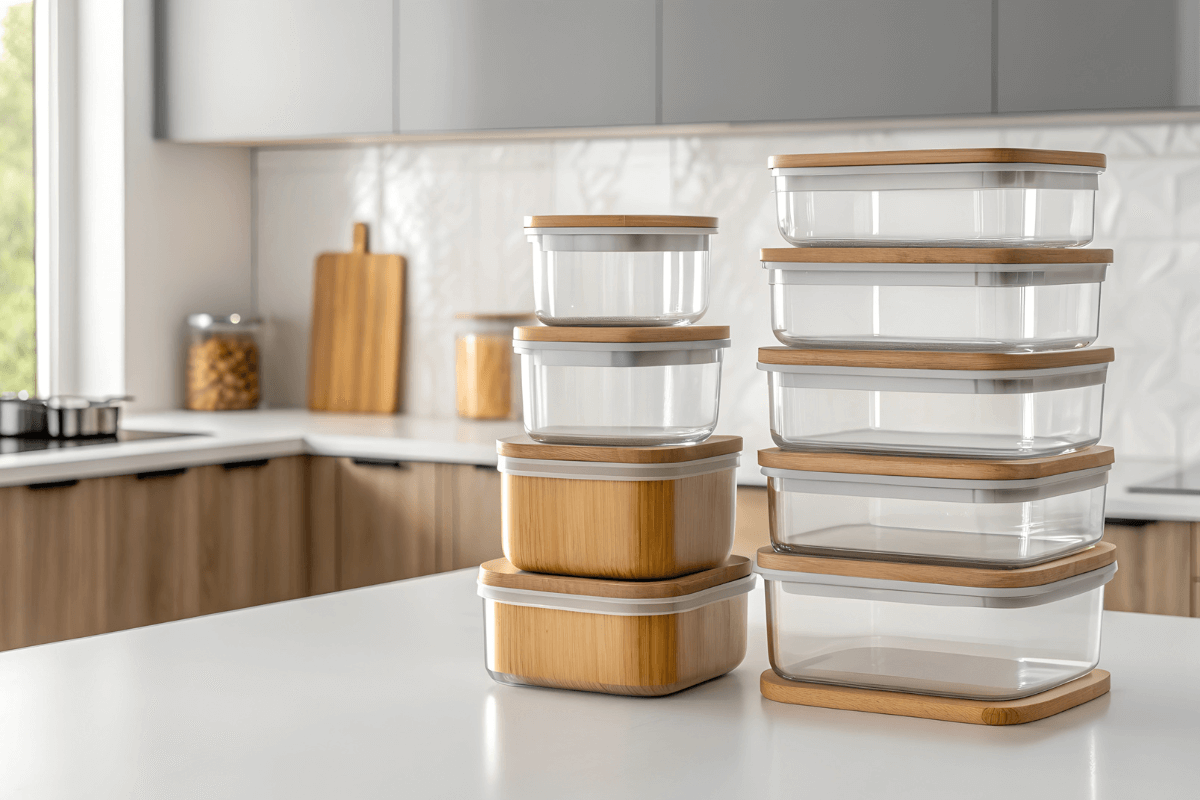 Pilha de potes de vidro rasos e limpos com tampas herméticas em bancada de cozinha, ideais para o armazenamento seguro de sobras de arroz na refrigeração e para evitar a proliferação de bactérias no centro do alimento.