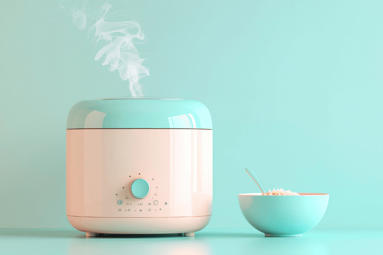 Panela elétrica de arroz emitindo vapor intenso, ilustrando a capacidade de ferver água e atingir 100°C com segurança.
